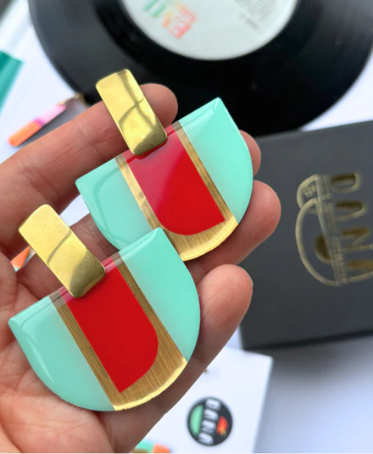 Rosa Earrings  Mint Green, Red and Lush Gold