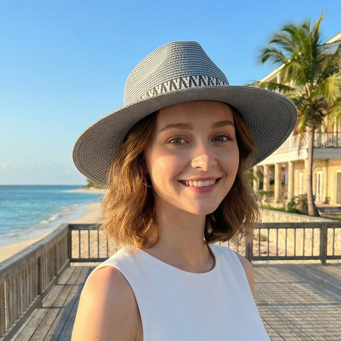 Sage-Cream Panama Foldable Hat (57cm) - Grey
