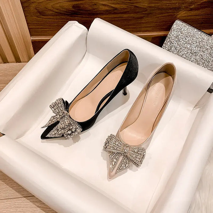Satin Bow Knot Crystal High Heels fashionnsio