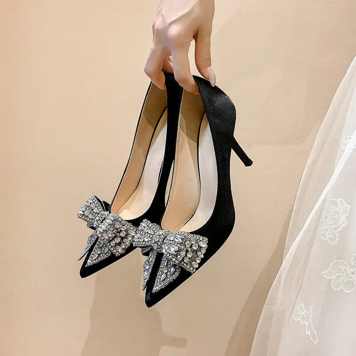 Satin Bow Knot Crystal High Heels fashionnsio