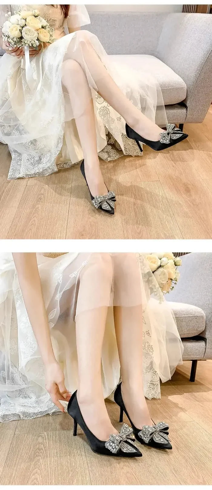 Satin Bow Knot Crystal High Heels fashionnsio