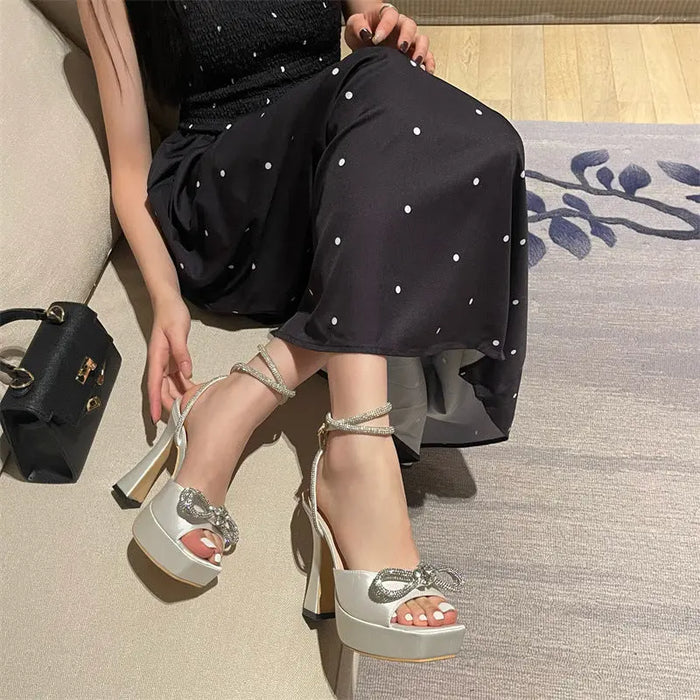 Satin Crystal Bow Knot Platform Heels fashionnsio