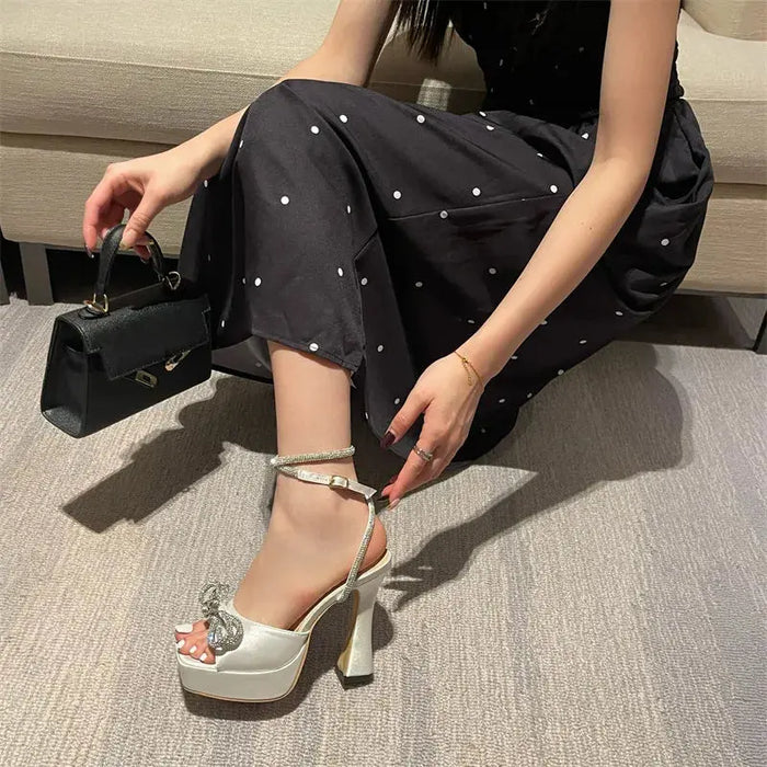 Satin Crystal Bow Knot Platform Heels fashionnsio