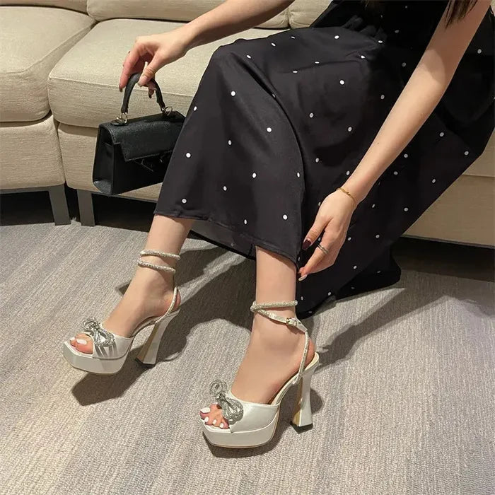 Satin Crystal Bow Knot Platform Heels fashionnsio