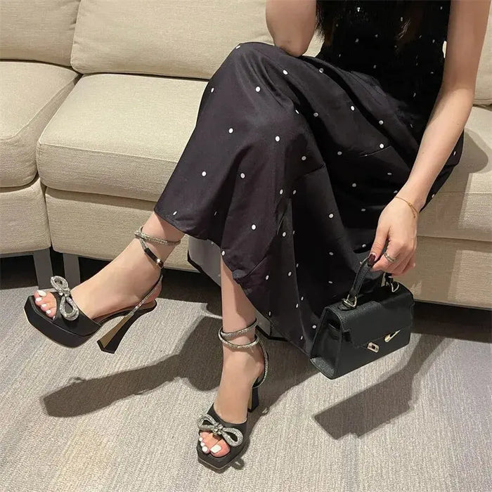 Satin Crystal Bow Knot Platform Heels fashionnsio