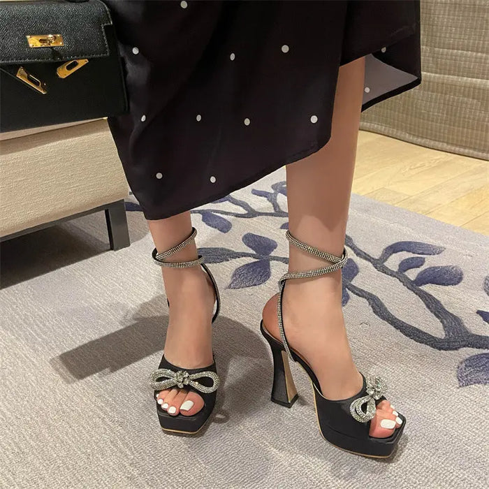 Satin Crystal Bow Knot Platform Heels fashionnsio