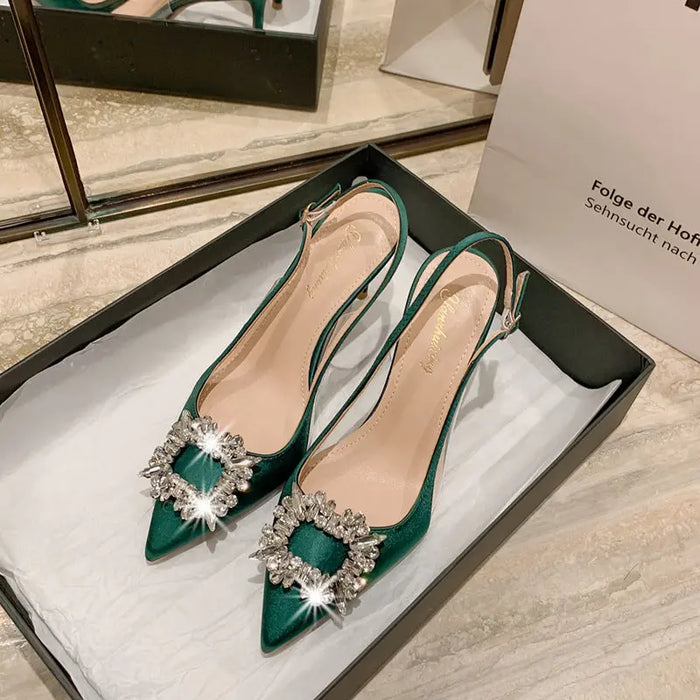 Satin Rhinestone Square High Heels fashionnsio
