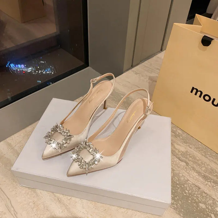 Satin Rhinestone Square High Heels fashionnsio