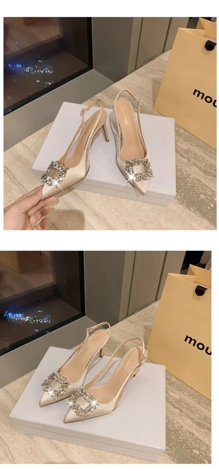 Satin Rhinestone Square High Heels fashionnsio