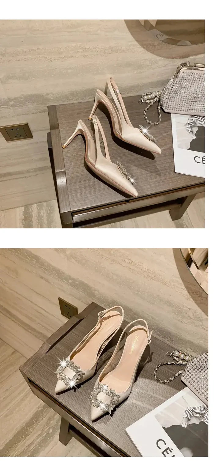 Satin Rhinestone Square High Heels fashionnsio