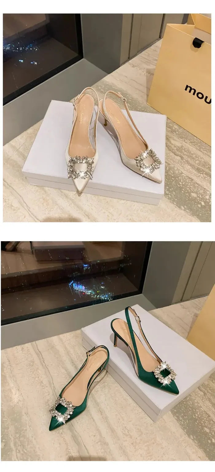 Satin Rhinestone Square High Heels fashionnsio
