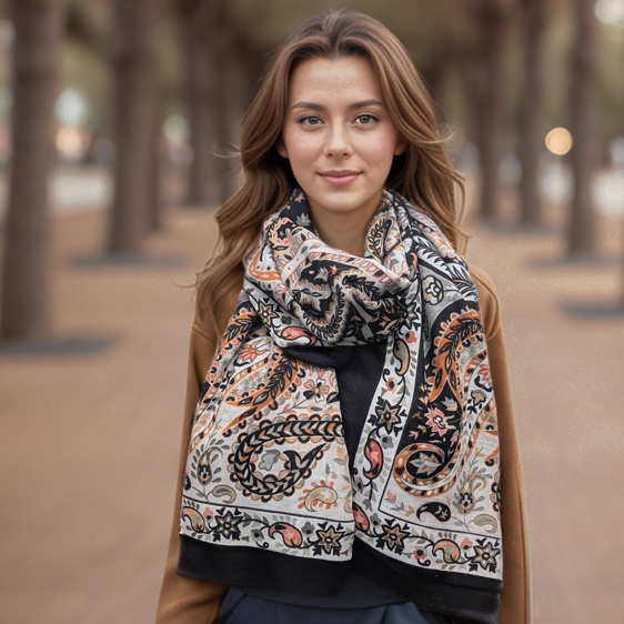 Sawan - Golden Paisley Scarf (80x180cm) - Black