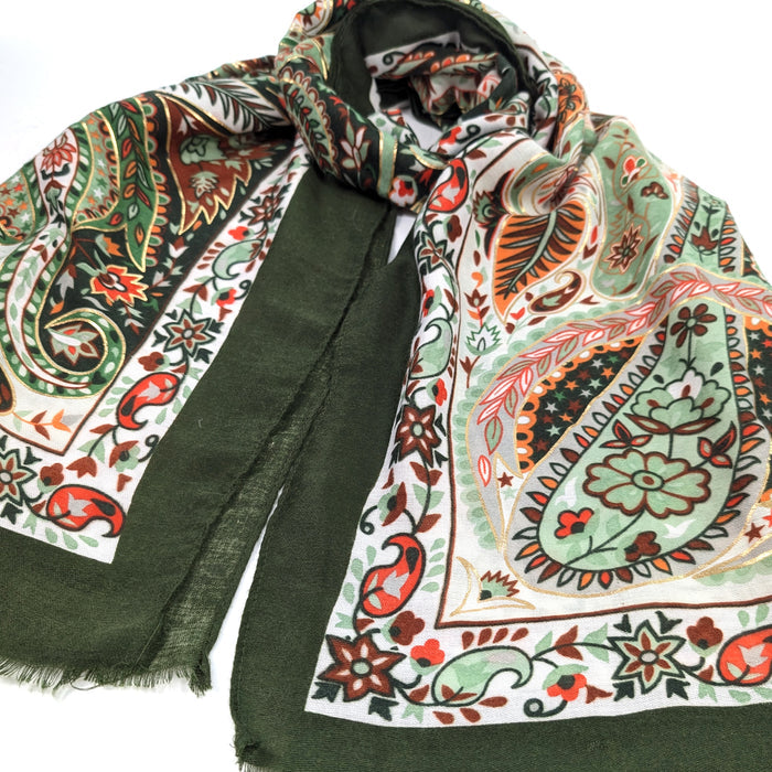 Sawan - Golden Paisley Scarf (80x180cm) - Green