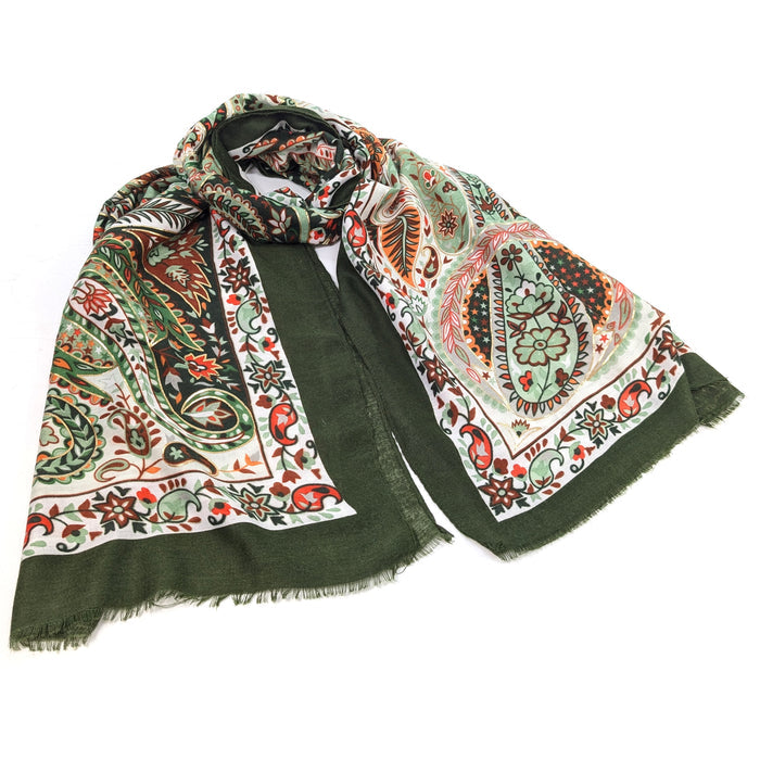 Sawan - Golden Paisley Scarf (80x180cm) - Green