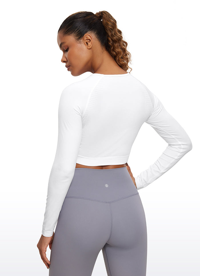 CRZ YOGA Women's Slim Fit Running Yoga Seamless Crop Long Sleeves White