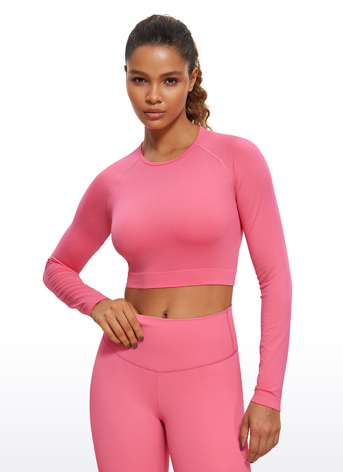 CRZ YOGA Women's Slim Fit Running Yoga Seamless Crop Long Sleeves Raspberry Sorbet