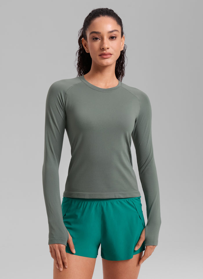 CRZ YOGA Women's Running Quick Dry Shirts Seamless Long Sleeves Grey Sage