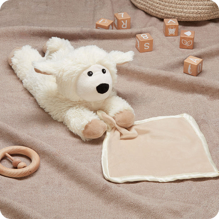 warmies sheep blankie lifestyle with kids blocks
