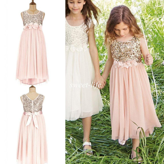 Shimmering Sequin Pink Flower Girl Dress - Modern A-Line Party GownFG001