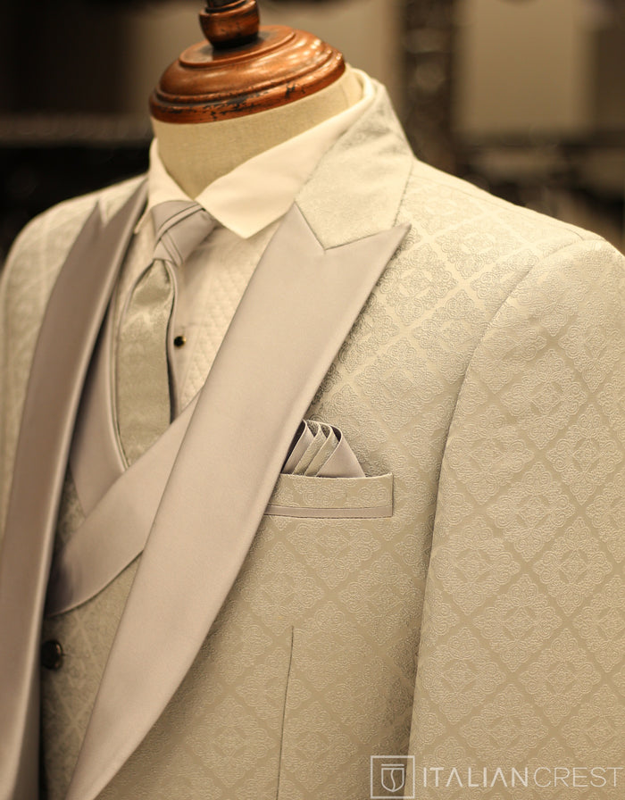 Silver Jacquard 5pc Wedding Suit
