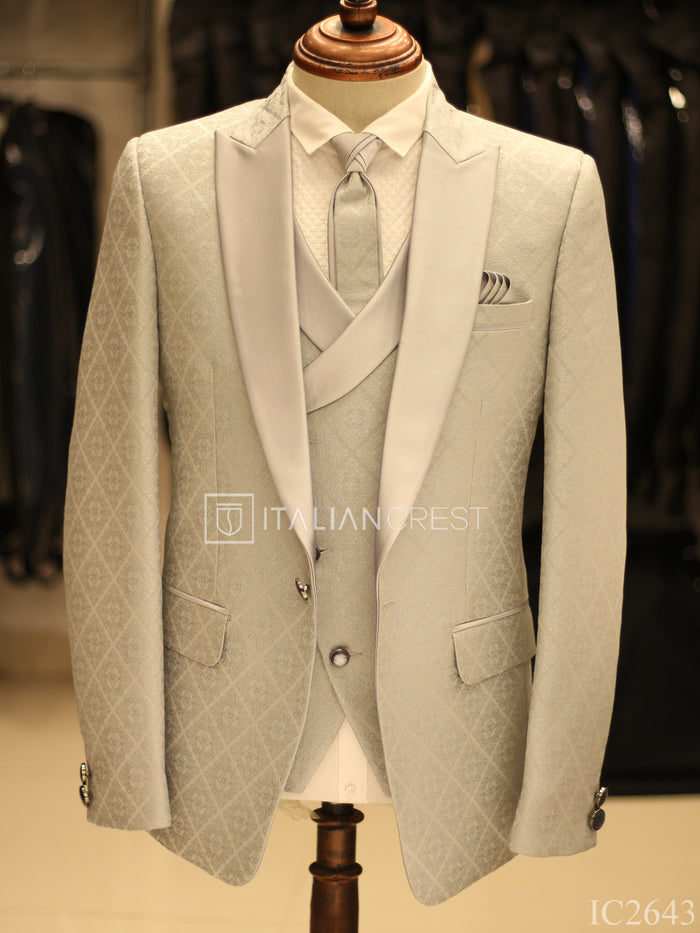 Silver Jacquard 5pc Wedding Suit