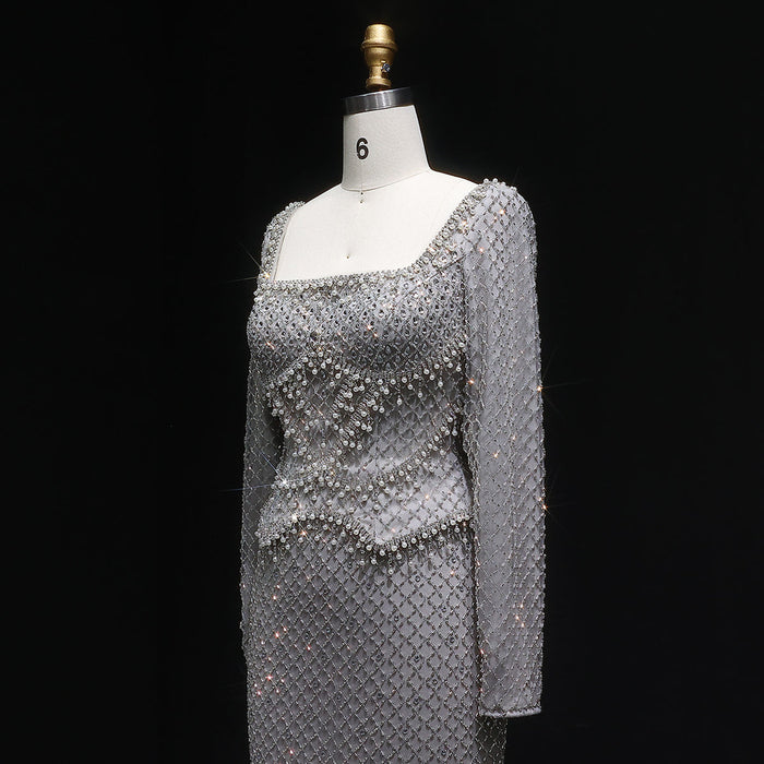 Sophisticated Gray Crystal Evening Dress with Sleek Long Sleeves SS633