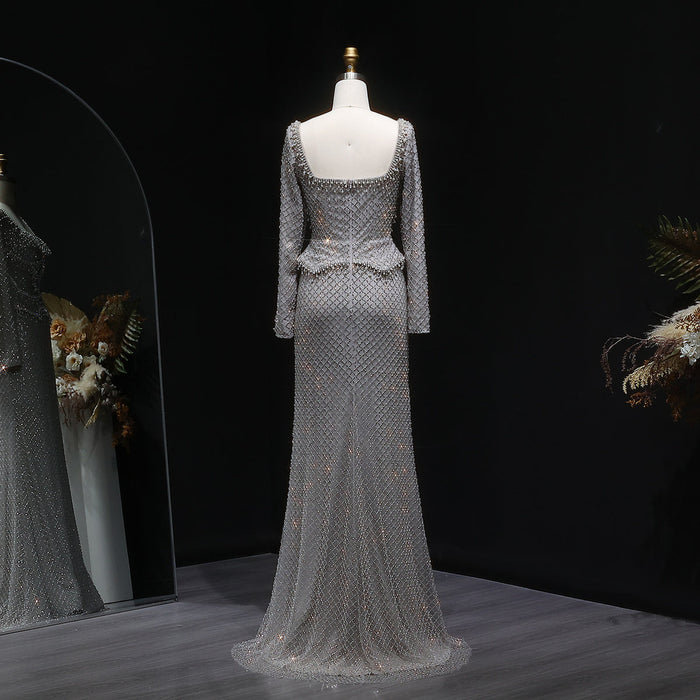 Sophisticated Gray Crystal Evening Dress with Sleek Long Sleeves SS633