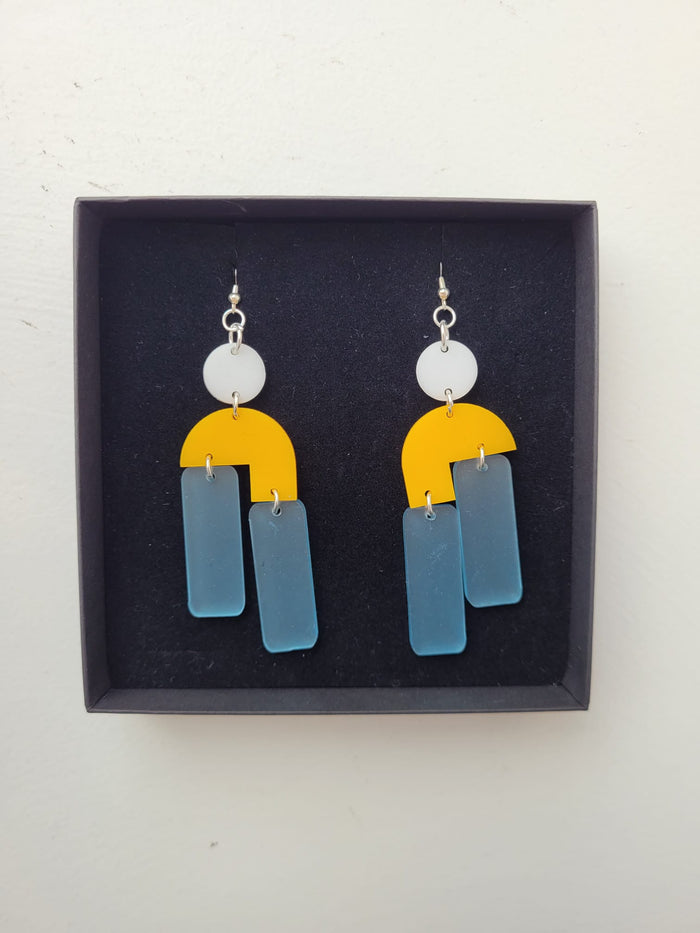 Staggered Drop White Yellow and Blue Earrings