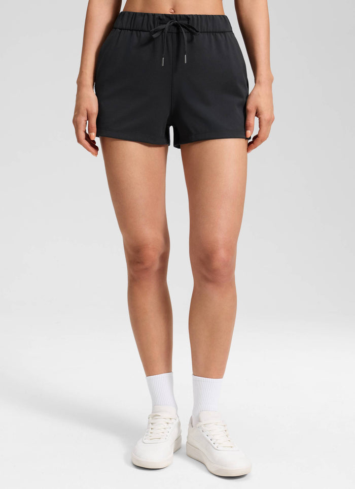 CRZ YOGA Women's Travel Stretch Mid-Rise Drawstring Shorts 2.5" Black