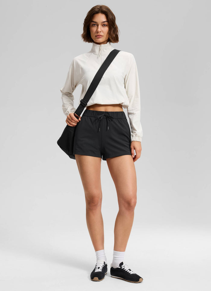 CRZ YOGA Women's Travel Stretch Mid-Rise Drawstring Shorts 2.5" Black