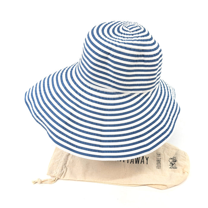 Stripey Fabric Foldable Hat - Denim & White