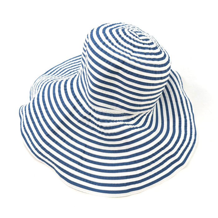 Stripey Fabric Foldable Hat - Denim & White