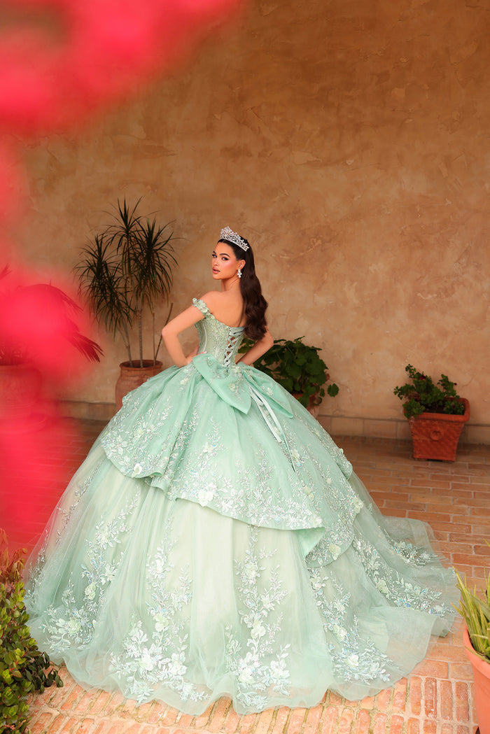 A mint green quinceañera dress with lace details and a tiara, worn in a rustic brick-walled setting.