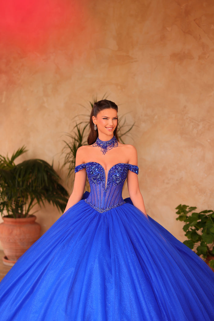 A woman wears a vibrant royal blue ballgown with an ornate corset bodice and off-shoulder design.
