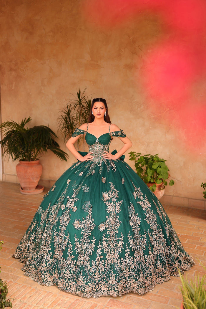 A woman wears an elaborate emerald ball gown with intricate silver floral embroidery against a warm-toned background.