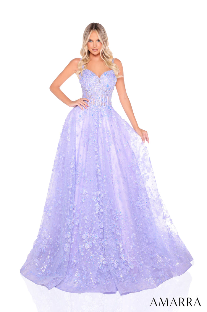 A long, lilac ball gown with floral lace detailing and a sweetheart neckline, worn by a blonde woman.
