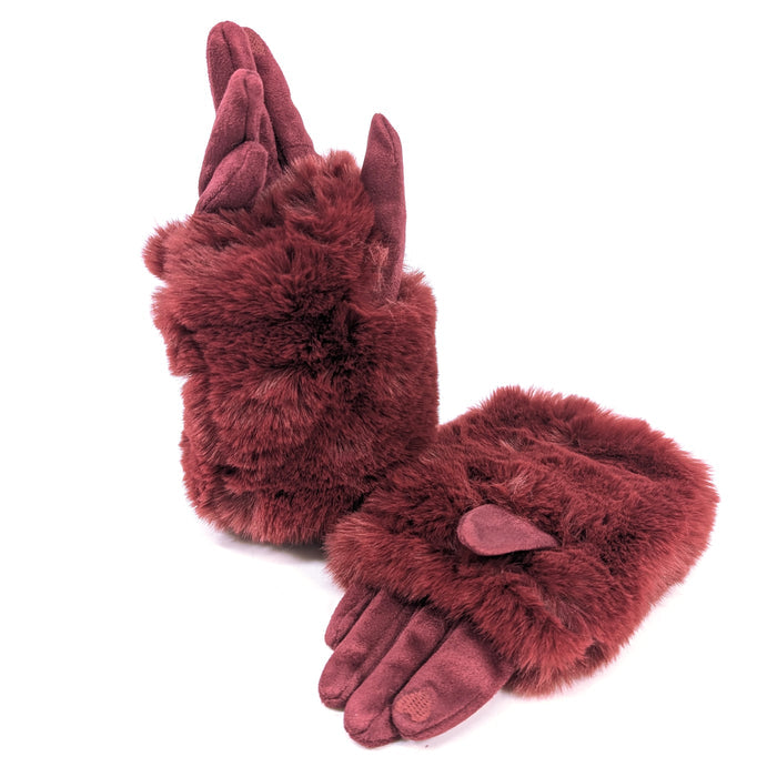 Super Fluffy Faux Fur Two in One Gloves - Wine Red
