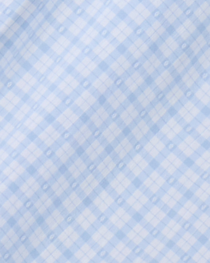 Soft light blue and white gingham check fabric with a subtle dotted pattern—ideal for creating a charming women's Tie Waist Romper from Draper James.