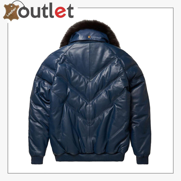 Top Rated Navy Leather V Bomber Jacket