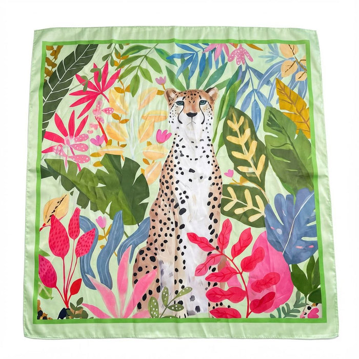Tropical Leopard Square Silk Feel Scarf (70x70cm) - Green