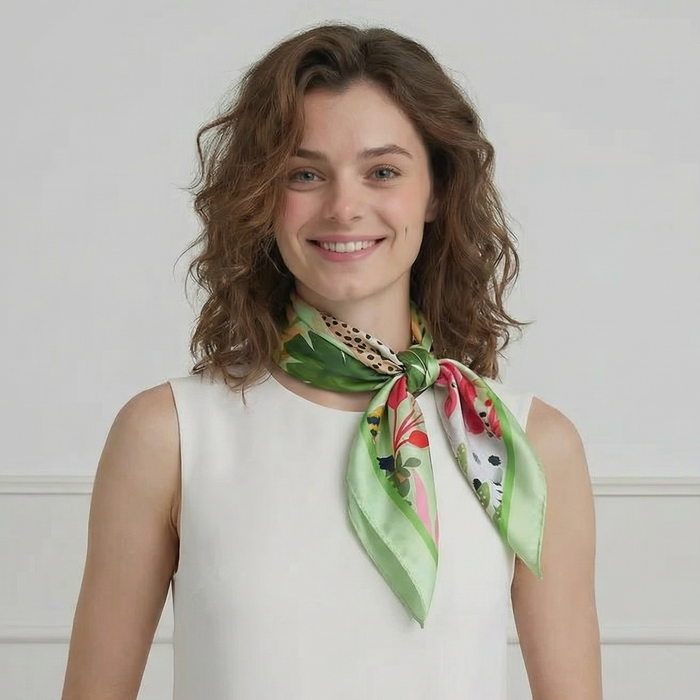 Tropical Leopard Square Silk Feel Scarf (70x70cm) - Green