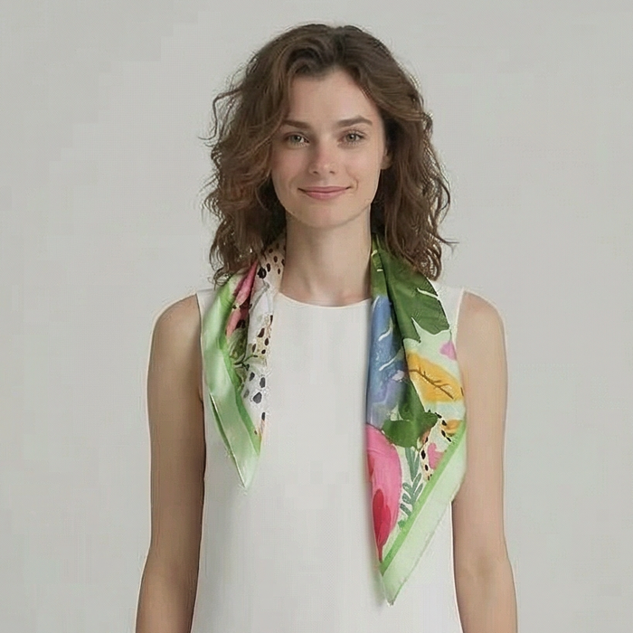 Tropical Leopard Square Silk Feel Scarf (70x70cm) - Green