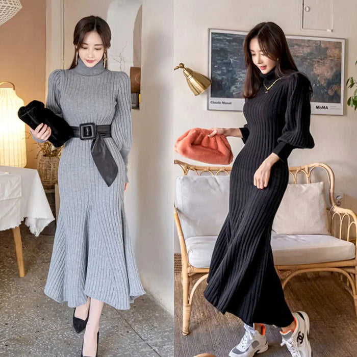 Turtleneck Knitted Dress With Belt fashionnsio