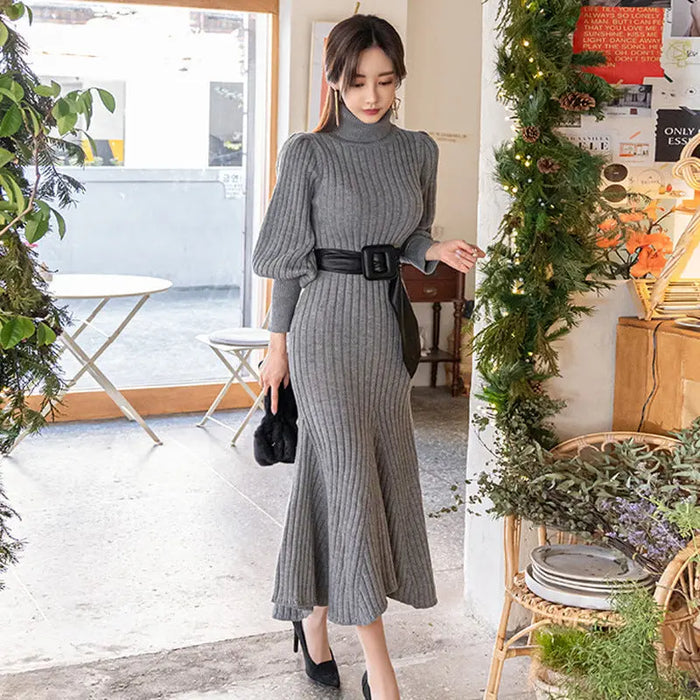 Turtleneck Knitted Dress With Belt fashionnsio
