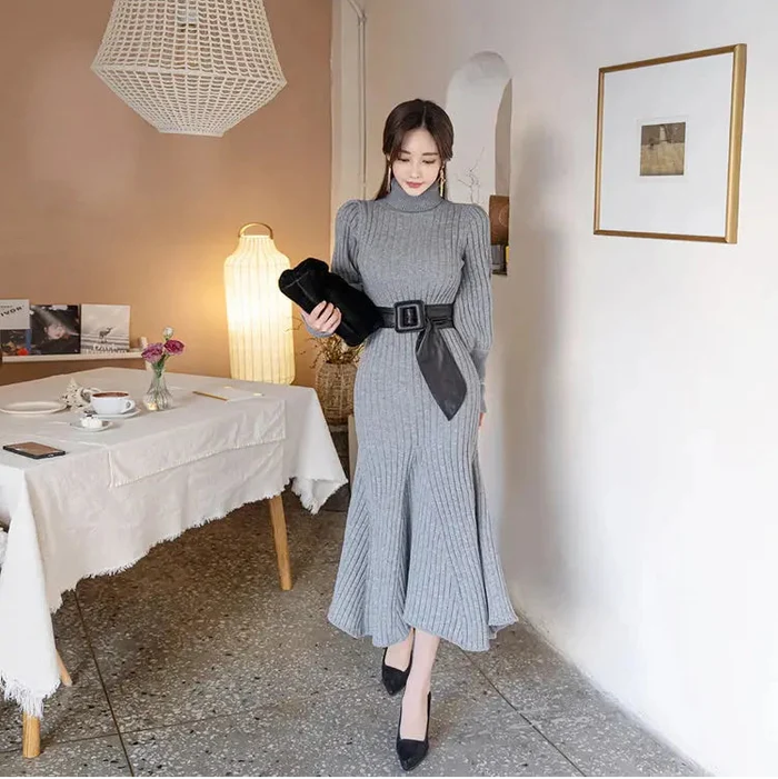 Turtleneck Knitted Dress With Belt fashionnsio