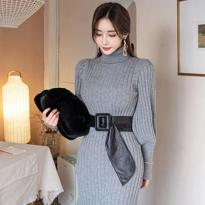 Turtleneck Knitted Dress With Belt fashionnsio