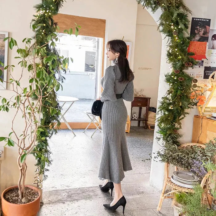 Turtleneck Knitted Dress With Belt fashionnsio