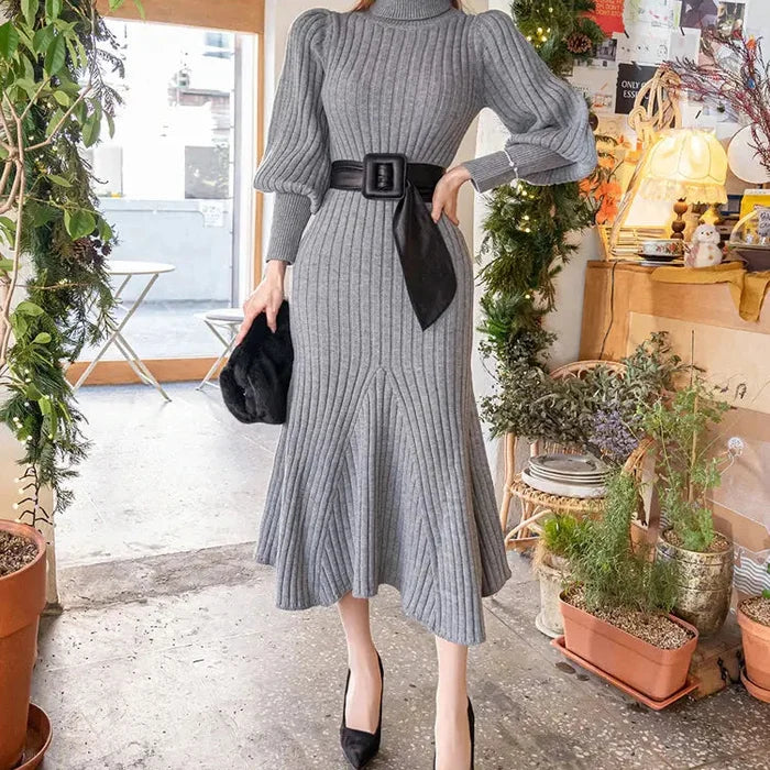 Turtleneck Knitted Dress With Belt fashionnsio