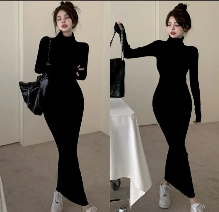 Turtleneck Ribbed Knit Dress fashionnsio
