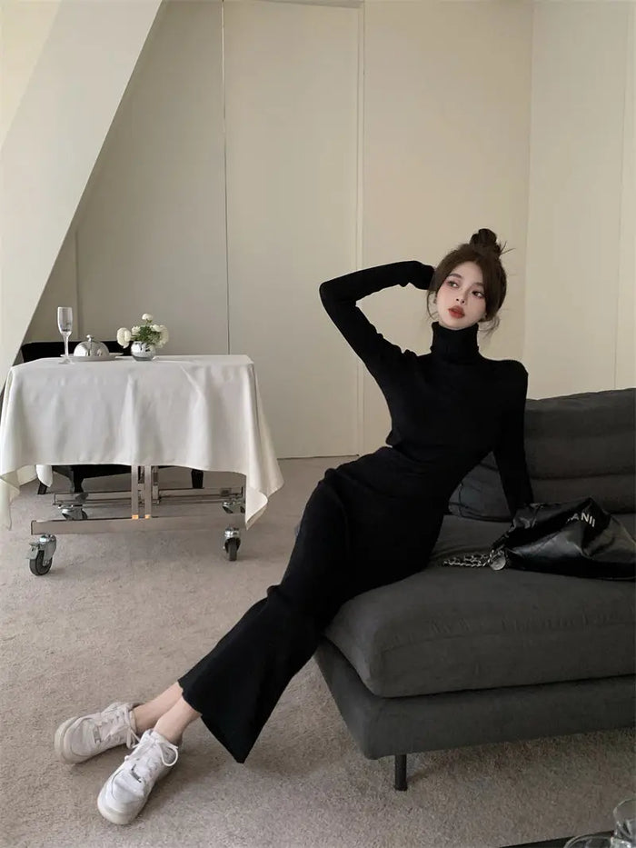 Turtleneck Ribbed Knit Dress fashionnsio